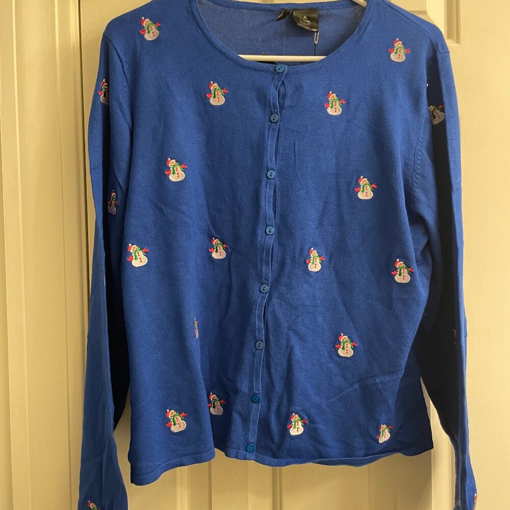 NWT Vintage Etoile Blue Snowman Novelty Ugly Christmas Cardigan